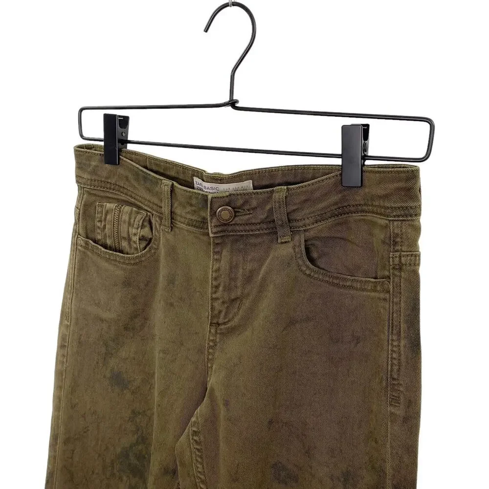 ZARA Basic Z1975 Denim Size 2 Mid Rise Skinny Uneven Hem Olive Jeans Dark Marks